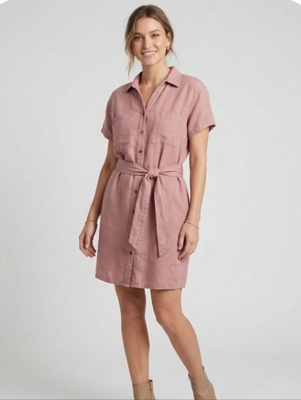 Bae Flax Blend Belted Short Sleeve Dusty Rose Mauve Mini Shirt Dress